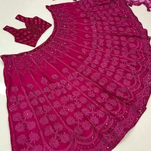 Rani Pink Silk Lehenga Choli: Indian Wedding Embroidery, Velvet Blouse