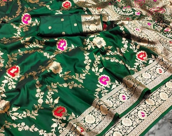 Soft Banarasi Silk Saree,Zari Weaving Meenakari Touchup Design Rich Pallu With Border Saree
