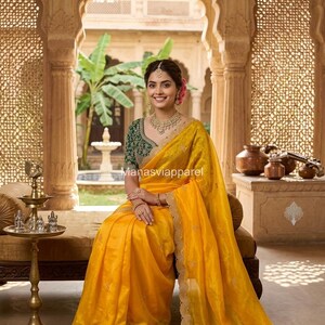 Klassischer Seiden-Sari, durchgehend mit mehreren Reihen von Stickereien, eleganter gestickter Bordüre und Designer-Look