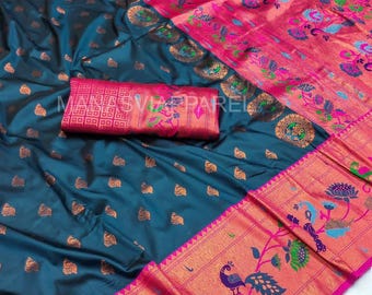 Handloom Paithani Silk Saree: Bogaty paw Pallu, indyjskie wesele