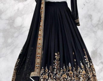 Black Embroidered Lehenga Choli: Faux Georgette Wedding Outfit