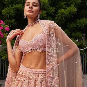 Embroidered Georgette Lehenga Choli Set: Pearl & Sequins Wedding Outfit
