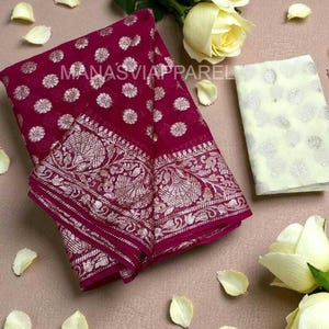 Viscose Georgette Floral Saree,Fancy Zari Weaving LightWeight Saree,Contrast Blouse  Saree,PartyWear Saree,Designer Glamours Saree