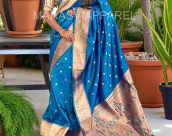 Indiase paithani-zijden sari met zariweefsel, Meenakari Pallu, brokaat blouse sari