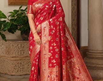 Traditional Banarasi Silk Saree: Meenakari Gold Zari Weaving Saree