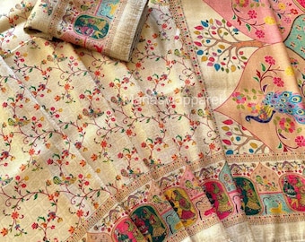 Digitaler Pashmina-Druck-Seiden-Sari, Jari-Jacquard-Weberei, passende Bluse