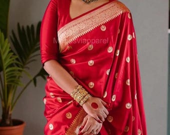 Designer Red Banarasi Soft Silk Saree With Gold Zari Weave, Bridal Wedding Saree