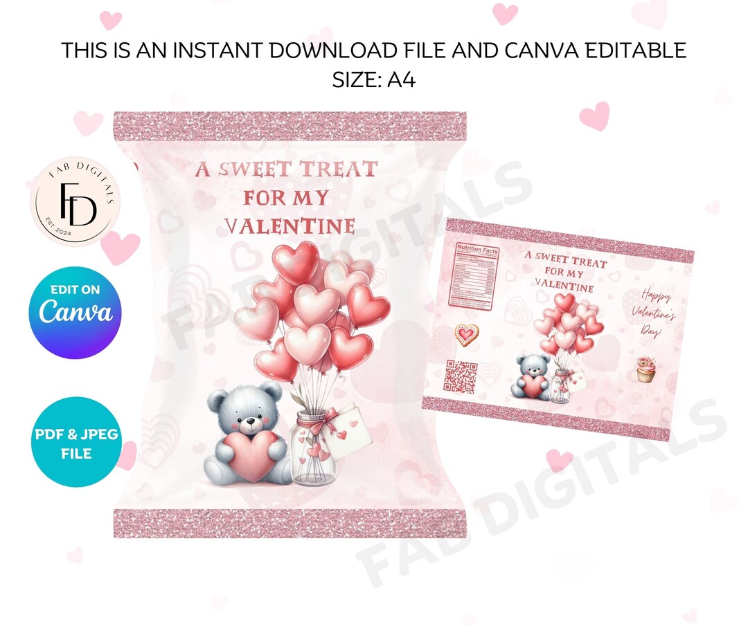 Teddy Bear and Balloons Valentines Treat Bag, Valentines Chip Bag ...