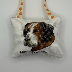 Christmas ornament cross stitched and stuffed dog Saint Bernard face holiday decoration