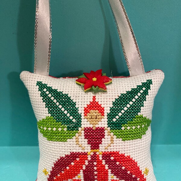 Christmas ornament cross stitched and stuffed Poinsettia angel/fairy holiday decoration