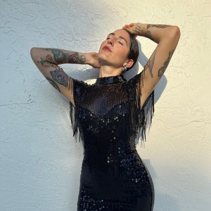 90&#39;s Evening Dress, Long Black dress, Sequin Dress, Party Dress, Black Sexy Dress, Prom Dress, Formal Dress, NYE Dress, Holiday Dress