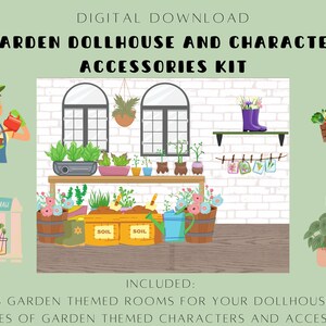 Garden Themed Dollhouse Wallpapers and Character Accessories Kit- Digital Download