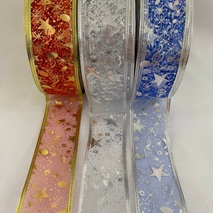Choice of 1.5” Whimsical Sheer Metallic Stars with Musical Clef Notes Wired Ribbon 10 yds each