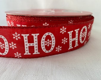 1.5” White Glitter Ho Ho Ho on Red Christmas Wired Ribbon 10 yds.