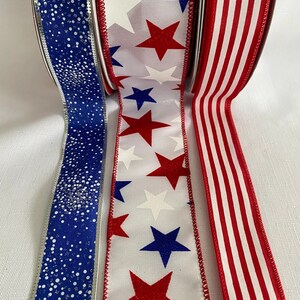 Glitter Stars, Stripes & A Burst of Silver and White Glitter Polka Dots Patriotic Bundle Set of 3 Wired Ribbons 5 yds each
