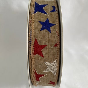 1.5” Natural Red White Blue Glitter Stars Patriotic Wired Ribbon 10 yds each