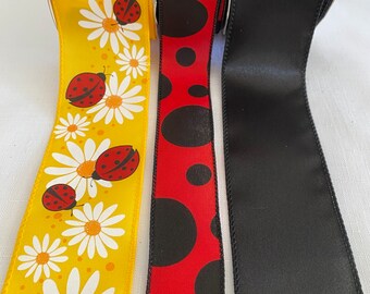 Ladybug & Daisy Wired Ribbon Set: Red Polka Dot, Black Satin, Summer Decor