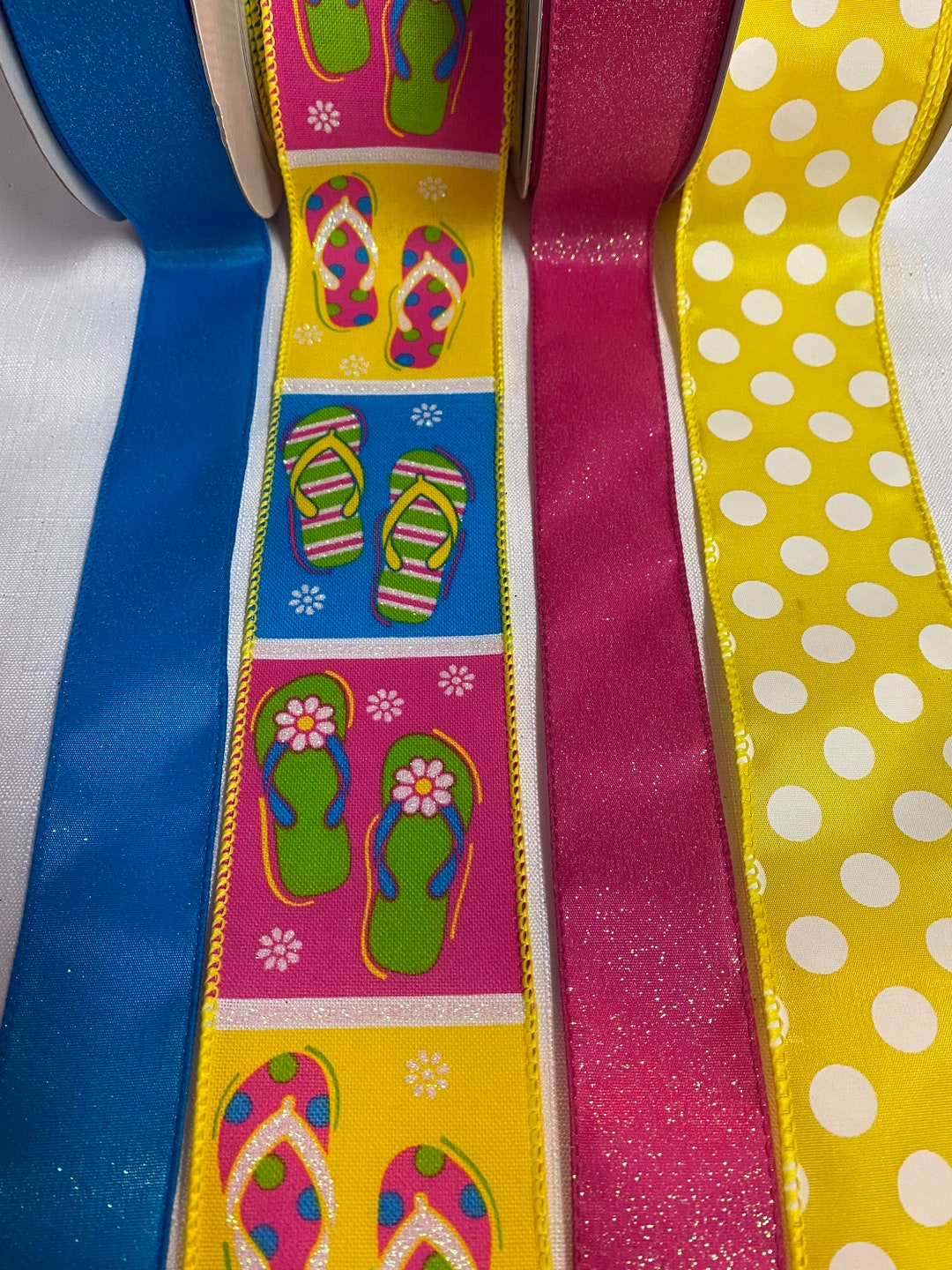 Summer Flip Flops With Yellow Polka Dots Bundle Set of 4 Wired Ribbons ...