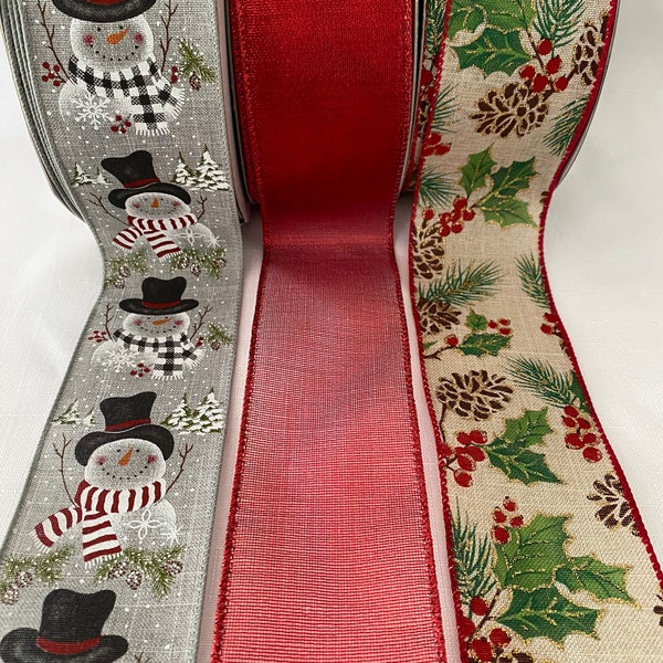 Gray Snowman Head with Pine Cones & Holly Berries Winter Bundle Set of 3 Wired Ribbons 5 yds each