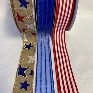 Glitter Stars, Stripes & Sheer Glitter Blue Patriotic Bundle Set of 3 Wired Ribbons 5 yards each