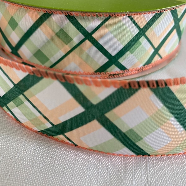 1.5” Pale Peach & Emerald Green Diagonal Plaid Wired Ribbon 10 yds each