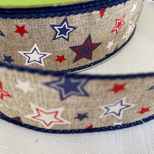 1.5” Natural Red White Blue Geometrical Stars Patriotic Wired Ribbon 10 yds each