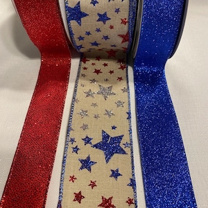 Natural Red, Blue & Silver Glitter Stars Patriotic Bundle Set of 3 Wired Ribbons 5 yds each