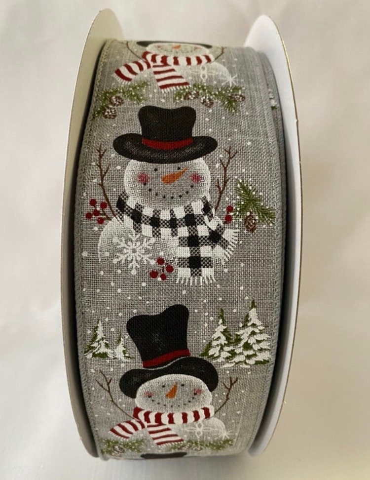 Extra Wide 2.5" 6,3cm Wired Edged Ribbon Snowmen with Silver Glitter Edging 