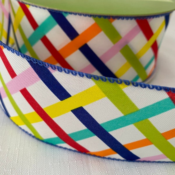 2.5” Multicolor Diagonal Stripe Wired Ribbon in Colors of Red, Orange, Green, Blue & Yellow 10 yds