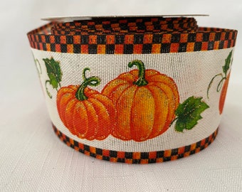 2.5” Fall Autumn Pumpkins with Orange & Black Check Edge Wired Ribbon 10 yds