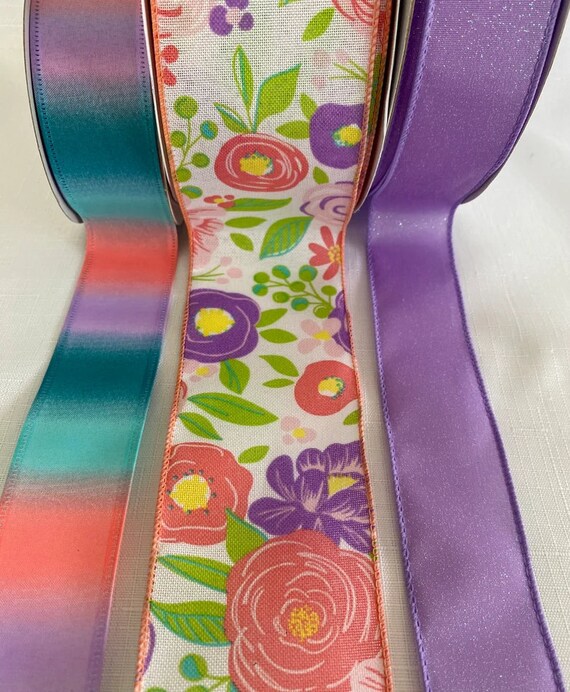 Purple & Peach Floral Bundle, Set of 3 Wired Ribbons 5 Yds  display picture 2