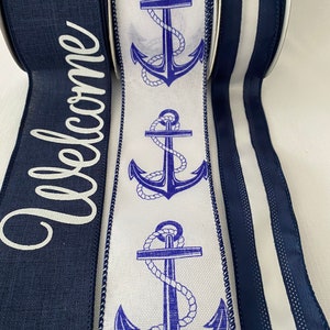 Blue Denim Welcome Anchor Nautical Bundle Set of 3 Wired Ribbons 5 yds each