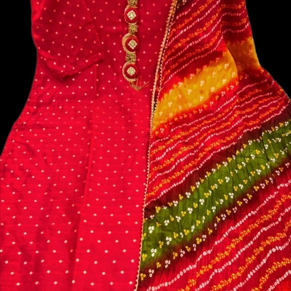 3 different colors bandhej Kurta dupatta set, women’s Indian suit,  kurti, Indian Dress, salwar suit, Kurta set, Indian tunic, bandhani