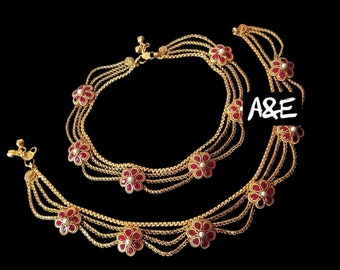 Bracelet de cheville, Payal, pazaib, pajaib, rubis, bracelets de cheville dorés poire, beaux bijoux indiens de haute qualité