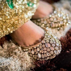 Khussa, Punjabi Jutti, Kundan, Rhinestone Pakistani Khussa, Indian shoes, Bridal, wedding shoes, flat  women's shoes.