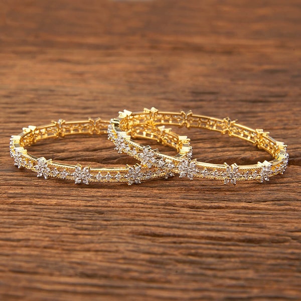 Gold plated two tone American Diamond  Bangles set of 2, fits size 2.6-2.8, Indian bridal bangles