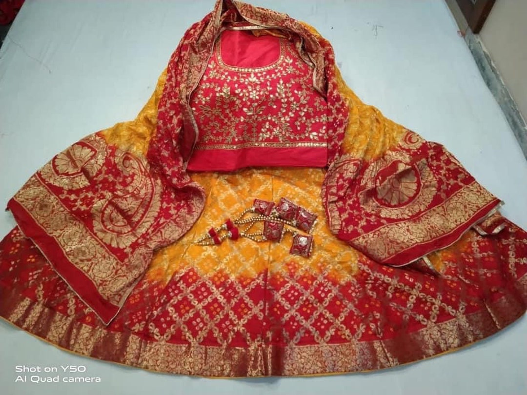 Two tone Bandhej Lehenga and Short Kurta Set