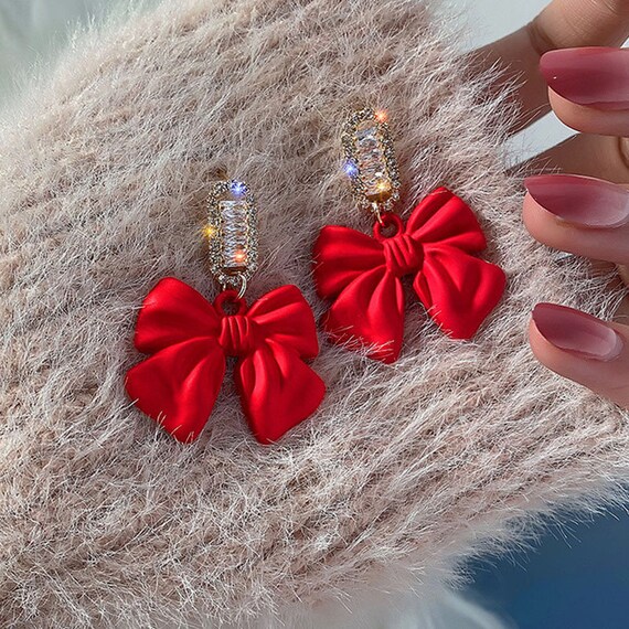 Elegant Beautiful Red Bow Earrings Etsy