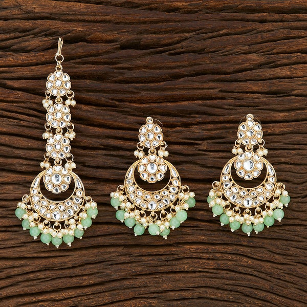 2 color variations, Gold plated Jhumka KUNDAN earrings, maang tikka set, danglers, Indian jewelry Pakistani, Punjabi jewellery, Bridal