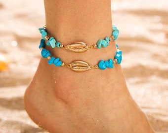 Anklet, anklets, beautiful bohemian beaded 2 piece set turquoise blue sea shell anklets