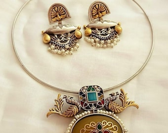 5 colors Brass Oxidized fusion choker. Silver look alike Necklace set. Indian jewelry, jewellery, German silver, Hasli, choker necklace