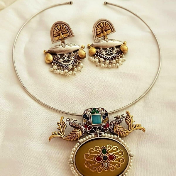 5 colors Brass Oxidized fusion choker. Silver look alike Necklace set. Indian jewelry, jewellery, German silver, Hasli, choker necklace