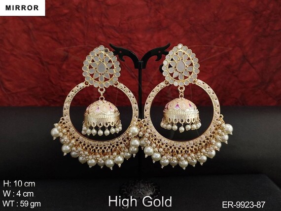 Jhumka Earrings Meenakari Mirror Work Pearl Gold Studded Danglers