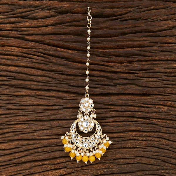 Maang Tikka, yellow beaded, kundan, gold plated brass Indian jewelry, Pakistani jewelry, Punjabi jewelry, hair accessories