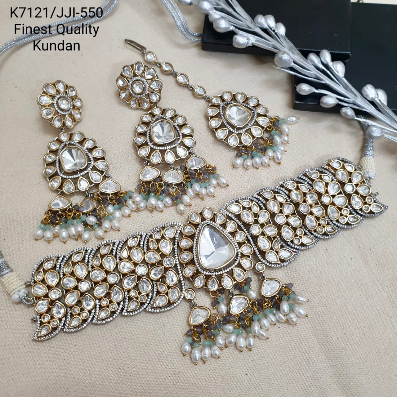 Kundan and Pearl American Diamond Necklace Set Brass Metal Indian