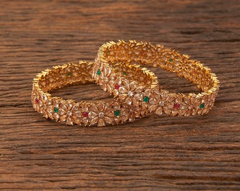 Gold plated polki Bangles set of 2, fits size 2.8, Ruby Green bangles, Indian bridal bangles