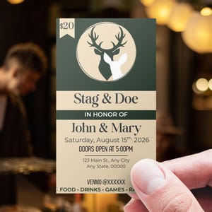 Stag and Doe Ticket Template – Jack and Jill / Buck and Doe – Clean Editable Canva Design – Printable Fundraiser Ticket Download