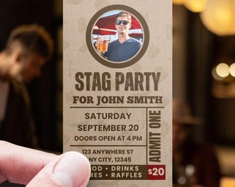 May include: A rectangular invitation card with the text "STAG PARTY" and a photo of a man holding a beer. The card includes details for John Smith's party: Saturday, September 20, doors open at 4 PM, and the address.