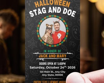 May include: A Halloween Stag and Doe invitation card held in a hand. The black card features the text "Halloween Stag and Doe" and a photo of a couple in costume. Details include the date, time, and location of the event.
