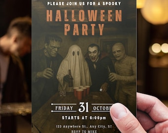 May include: A Halloween party invitation with a vintage design. The invitation features classic Halloween characters: Frankenstein, a ghost, Dracula, and a mummy. The text reads "PLEASE JOIN US FOR A SPOOKY HALLOWEEN PARTY" with the date and time.